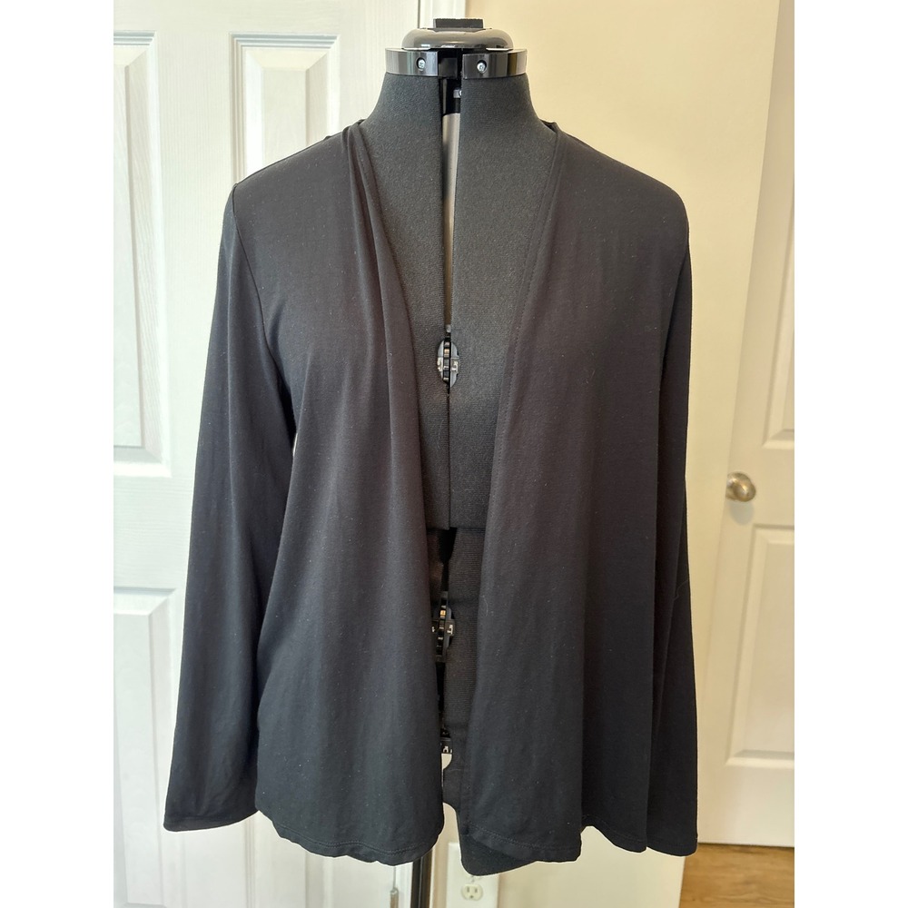 J. Jill Wearever Black Open Front Cardigan Jersey Knit Long Sleeve Medium Travel